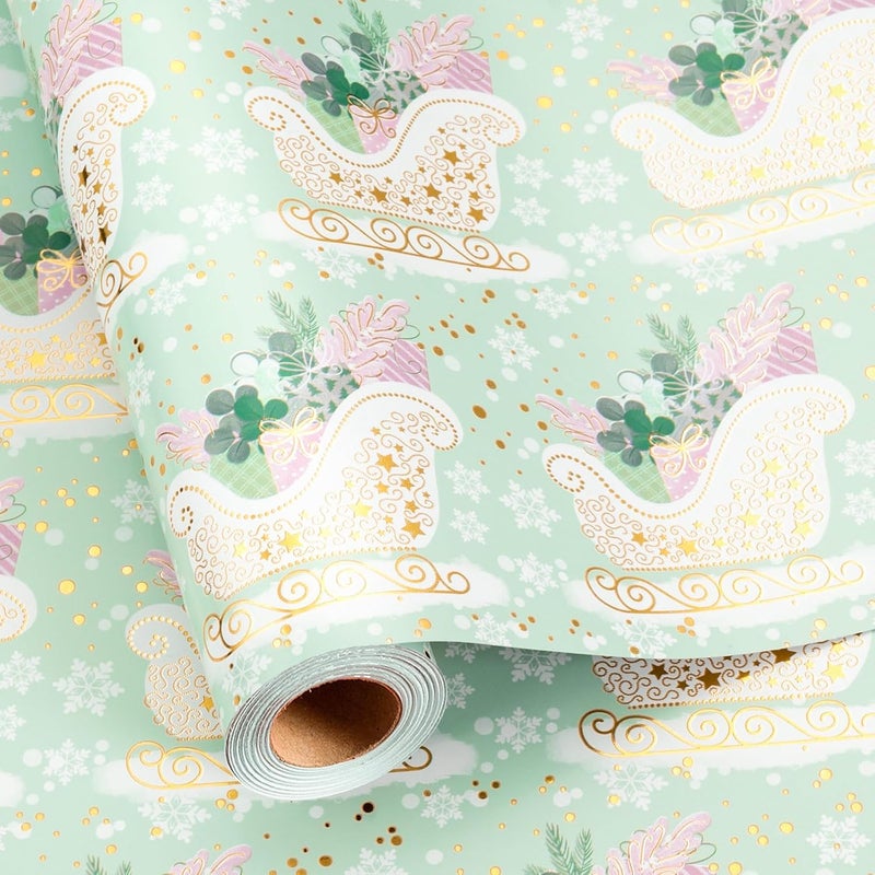 Retrify Light Green Wrapping Paper Roll - Metallic Gold Foil Cute Sleigh Carrying Gift Box Pattern Mini Roll Gift Wrap Paper for Christmas Holiday Festive Decoration - 17 Inches x 32.8 Feet - Image 1